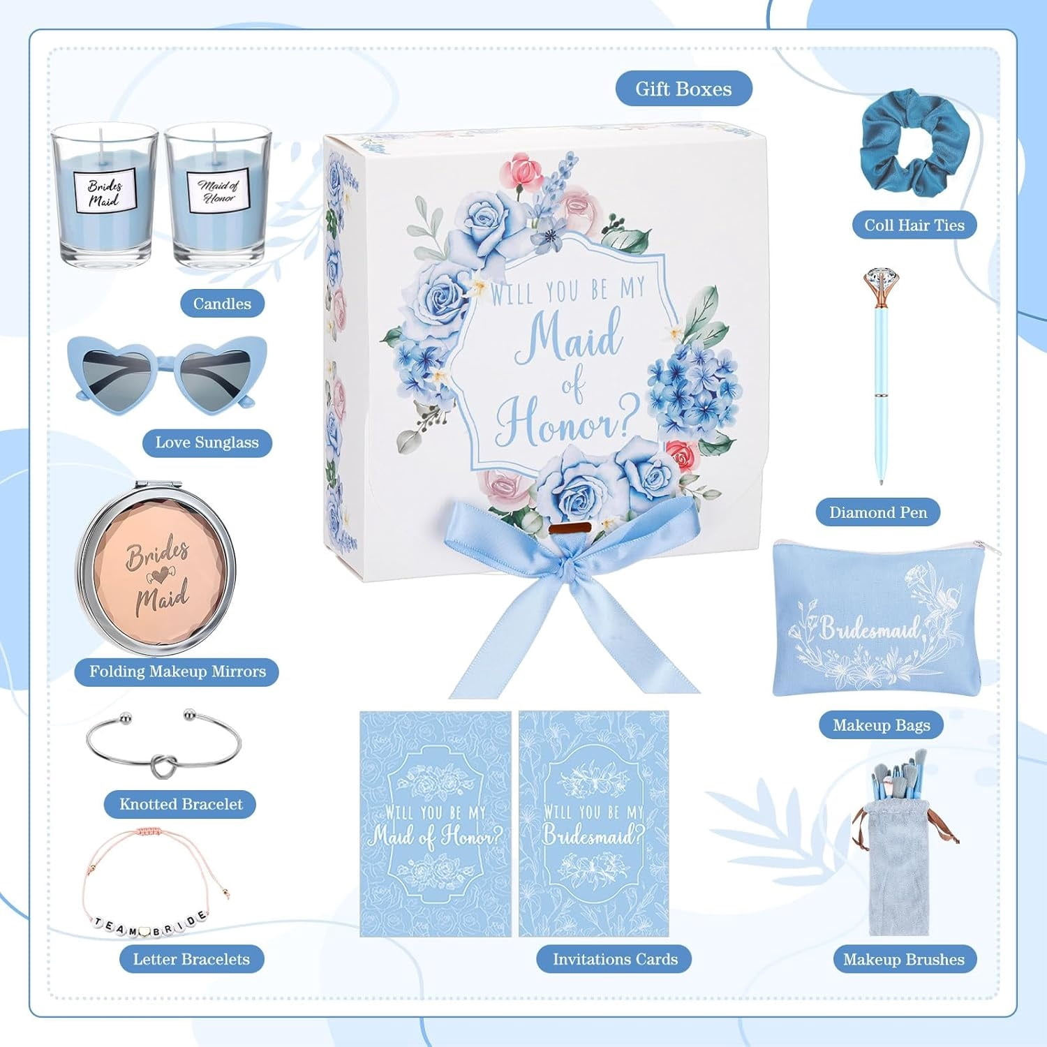 88 Pcs Bridesmaid Proposal Gifts Bridesmaid Box Set Maid of Honor Gift Include Box Candle Invited Cards Scrunchies Hair Elastics Ties Knotted Bracelets Diamond Pens