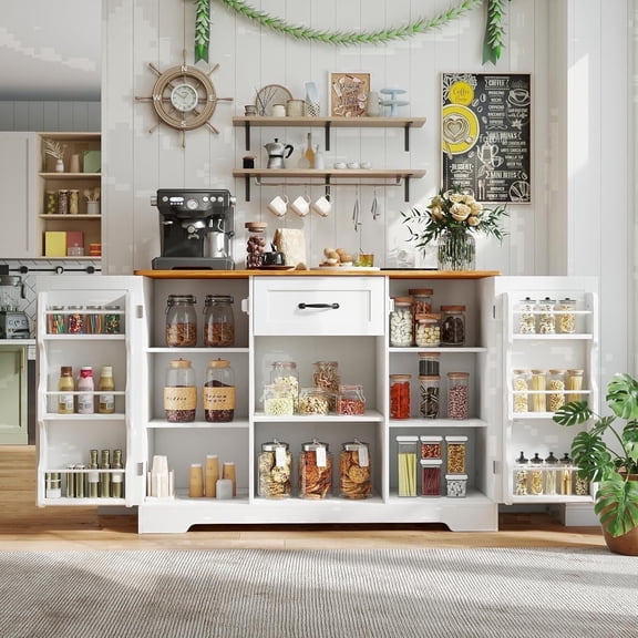 45’’ Kitchen Sideboard Buffet Cabinet with Storage Coffee Bar Cabinet with Drawer, Noelse Kitchen Pantry Storage with Door and Shelves for Bathroom and Living Room, White and Rustic