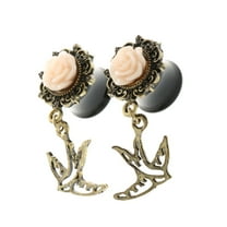 EHJRE Pair Vintage Sparrow Dangle Ear Tunnels Expander Gauges Piercing Pink 10mm