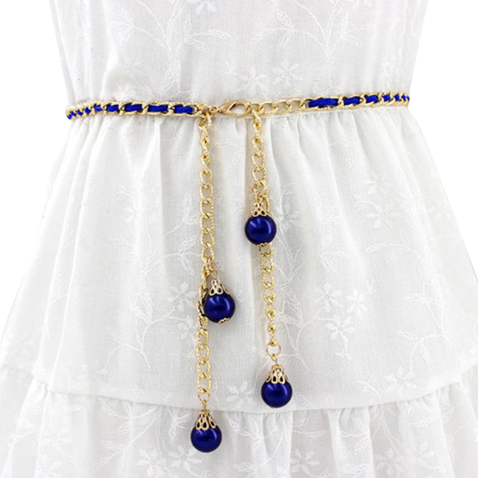Under $5 Belt Blue Women Metal Hook Adjustment Waist Pearl Chain