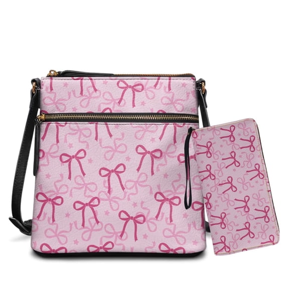 Yuyamidu Pink Bow Crossbody Bag Purse Set for Women, PU Leather 2 Pieces Handbag Sling Bag with Adjustable Shoulder Strap, Matching Wallet, Ideal for Holiday Gatherings, Daily Use