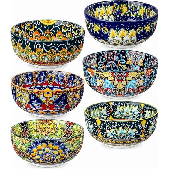 Cereal Bowls Set of 6, Bohemian Ceramic Soup Bowls, 28 oz Colorful Bowls Set for Kitchen, Dishwasher & Microwave Safe for Salad, Pasta, Rice, Oatmeal, Fruit