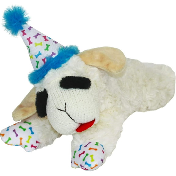 Multipet Lamb Chop with Birthday Hat Dog Toy, Blue, 10.5"