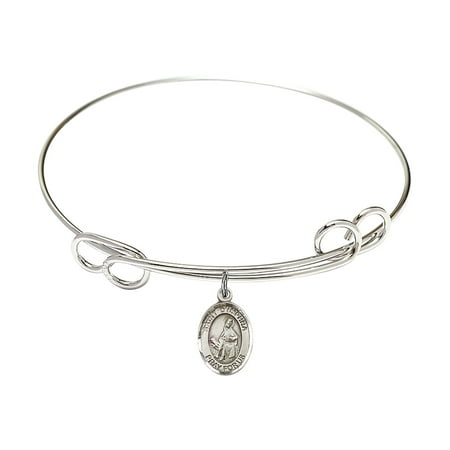 1/2 Inch Sterling Bracelet - 7 1/2 inch Round Double Loop Bangle Bracelet w/ St. Dymphna in Sterling Silver