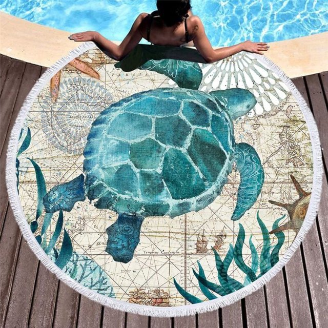 1pc Serviette de plage ronde en microfibre pour couverture de plage, serviette de bain, tapis de yoga, couverture de camping, couverture de pique-nique,150 cm (bleu-tortue 2)