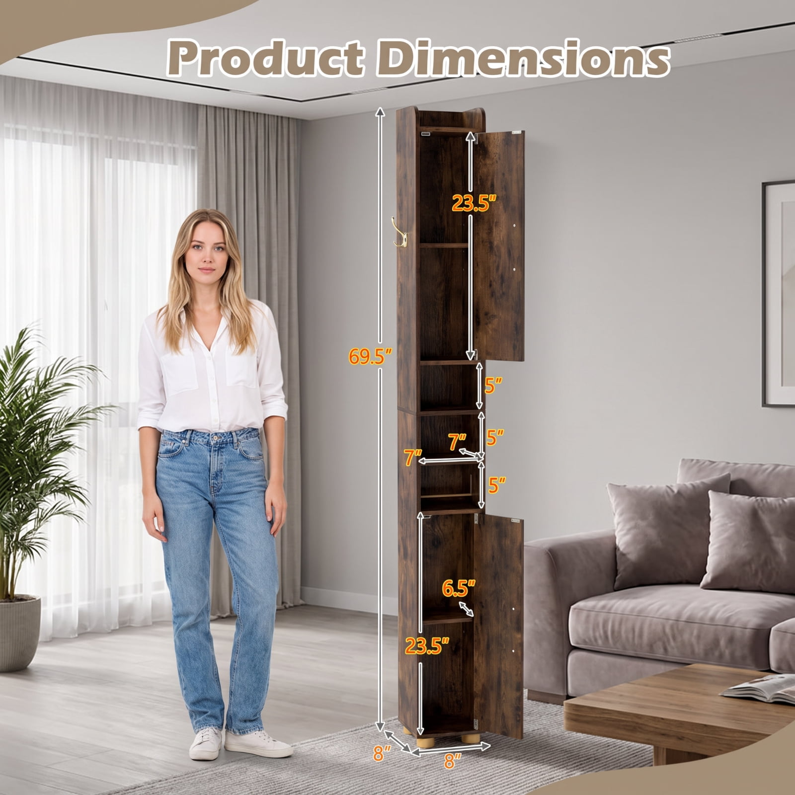 Vebreda Narrow Bathroom Storage Cabinet, Tall Freestanding Slim Cabinet with 2 Closed Cabinets, Open Shelves and Toilet Paper Holder, Adjustable Shelves and Hook, Rustic Brown