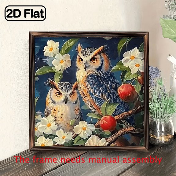 8-inch 2D flat "Two Owl Pictures" wooden frame painting. Installation is simple. It is suitable for wall decoration signs and plaques in homes, etc. It is an ideal gift for celebrations.