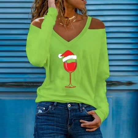 

Tejiojio Kids Clothing Holiday Gift Fashion Woman V-Neck Long Sleeve T-Shirt Autumn Christmas Printing Cold Shoulder Loose Blouse Tops