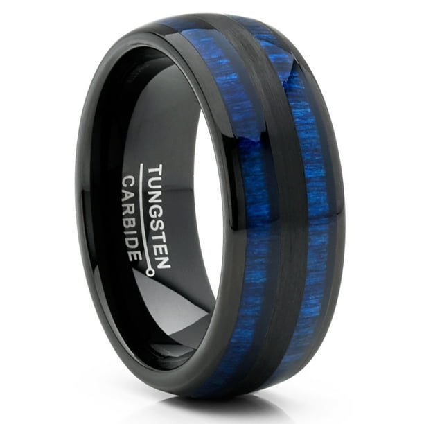 RingWright Co. Men's Tungsten Carbide Ring Dome Real Blue Wood Inlay