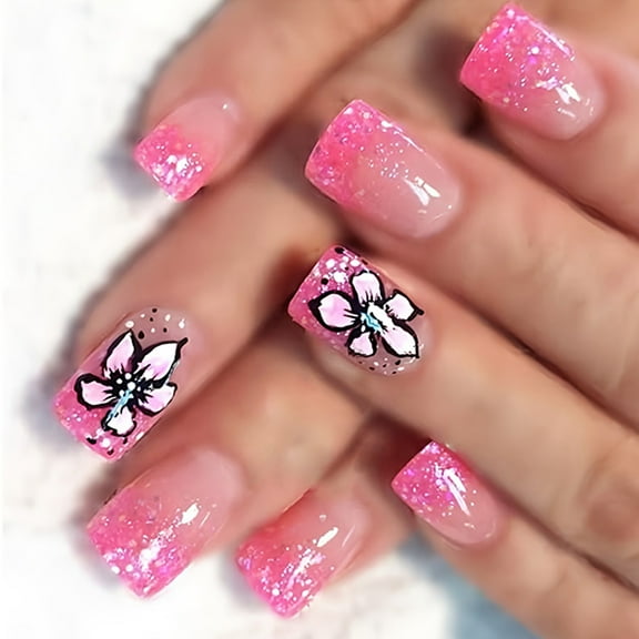Square Press On Nails Flower Fake Nails Glues On Nails Artificial Acrylic Nails 12 Size 24pcs On Nails for Womens