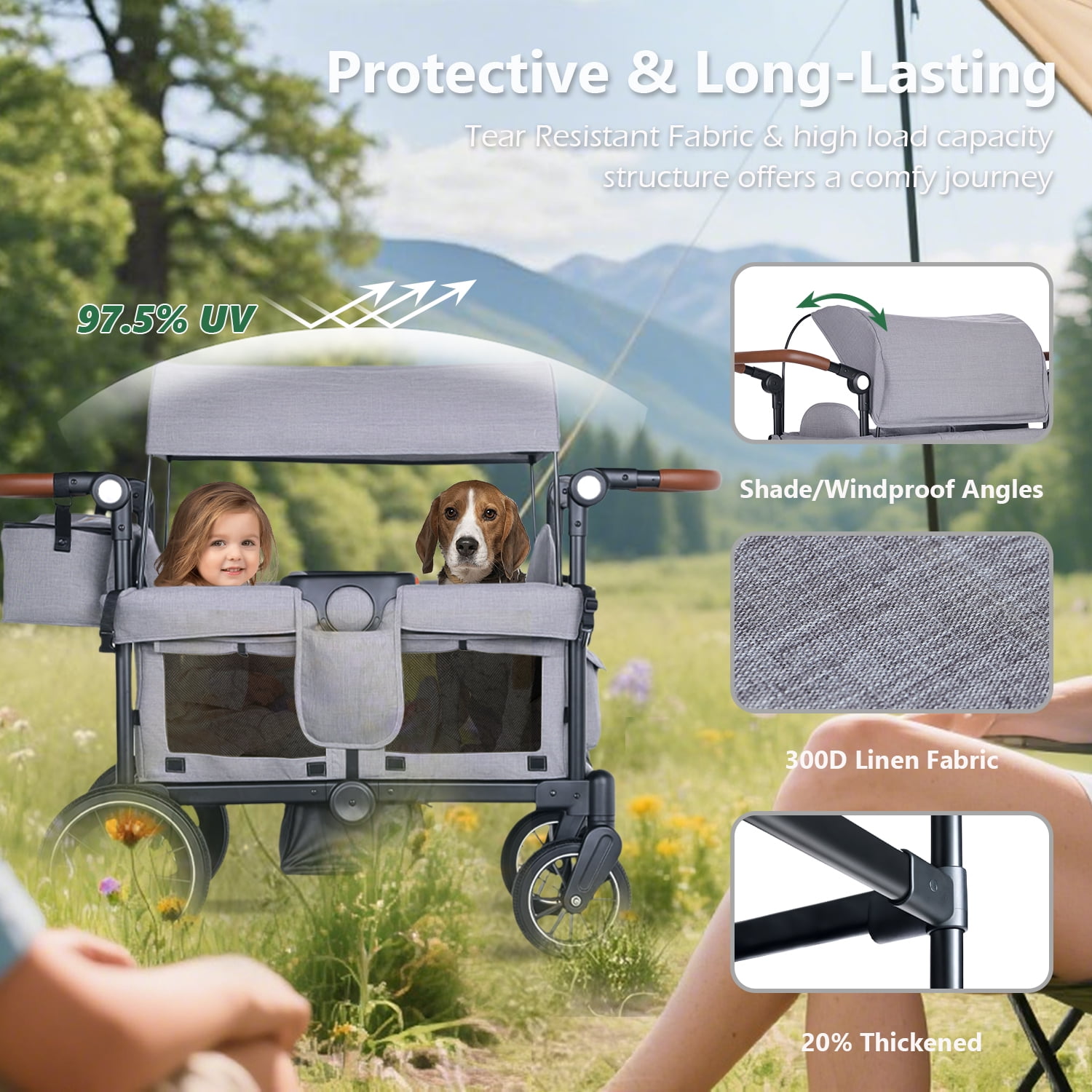 LINLUX Toddler Wagon Stroller, All Terrian Baby Stroller Wagon, Fodable Kids Wagon 2 Seats, Grey