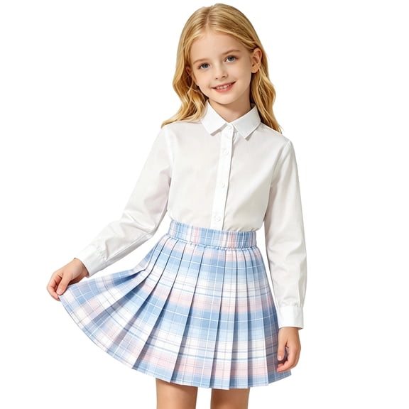 WOYY Girls Plaid Pleated School Skirt Casual Elastic Waist A Line Skirt, Blue, Sizes 5-16