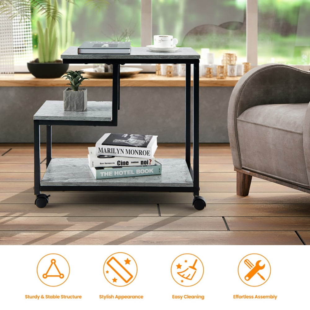 Finihen Rolling Side Table, 3-Tier Side Table with Storage and Universal Casters, Sofa Side Table, Bed Side Table, for Living Room, Bedroom, Black Finihen Rolling Side Table, 3-Tier Side Table with Storage and Universal Casters, Sofa Side Table, Bed Side Table, for Living Room, Bedroom, Black