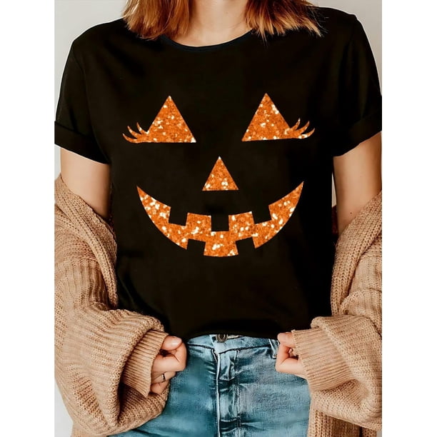 Halloween T-shirt - Women'S Halloween Pumpkin Face T-Shirt, Casual Crew Neck Knit Top with Shiny Eyelash Print, 100% Cotton, Short Sleeve for Spring/Summer/Fall