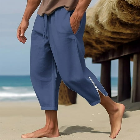 Ftwytp Men s Casual Trousers Solid Pants Loose Cotton Oversized Drawstring Waist Side Zipper Athletic Gym Comfort Beach Yoga Cropped Wide Leg Trousers with Pockets