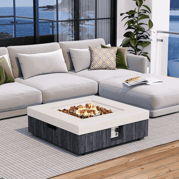 VENTOPYR 35" Square Dual-Texture Concrete Fire Pit Table with Cover & Lava Rocks