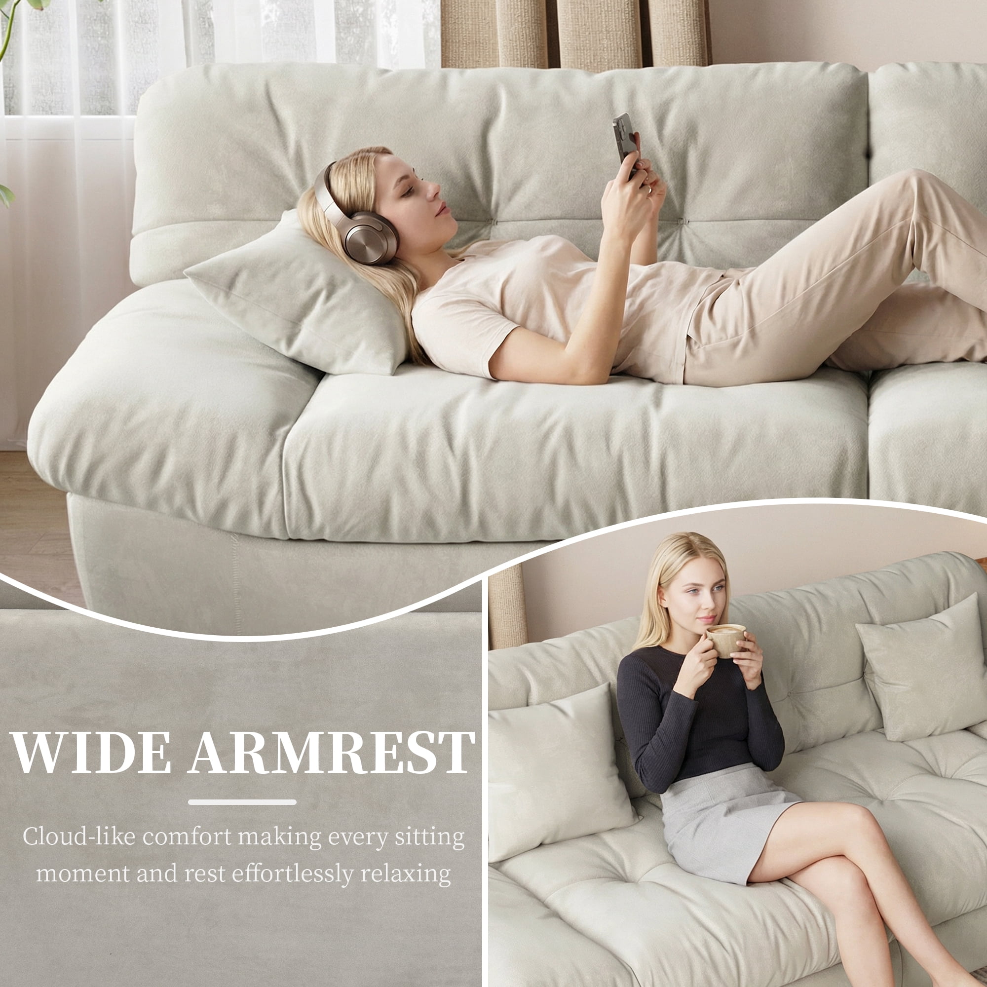 Magic Home 89" Cloud Sofa,Modern Velvet Couch,3-Seat Sofa for Living Room,Apartment and Small Space,Beige