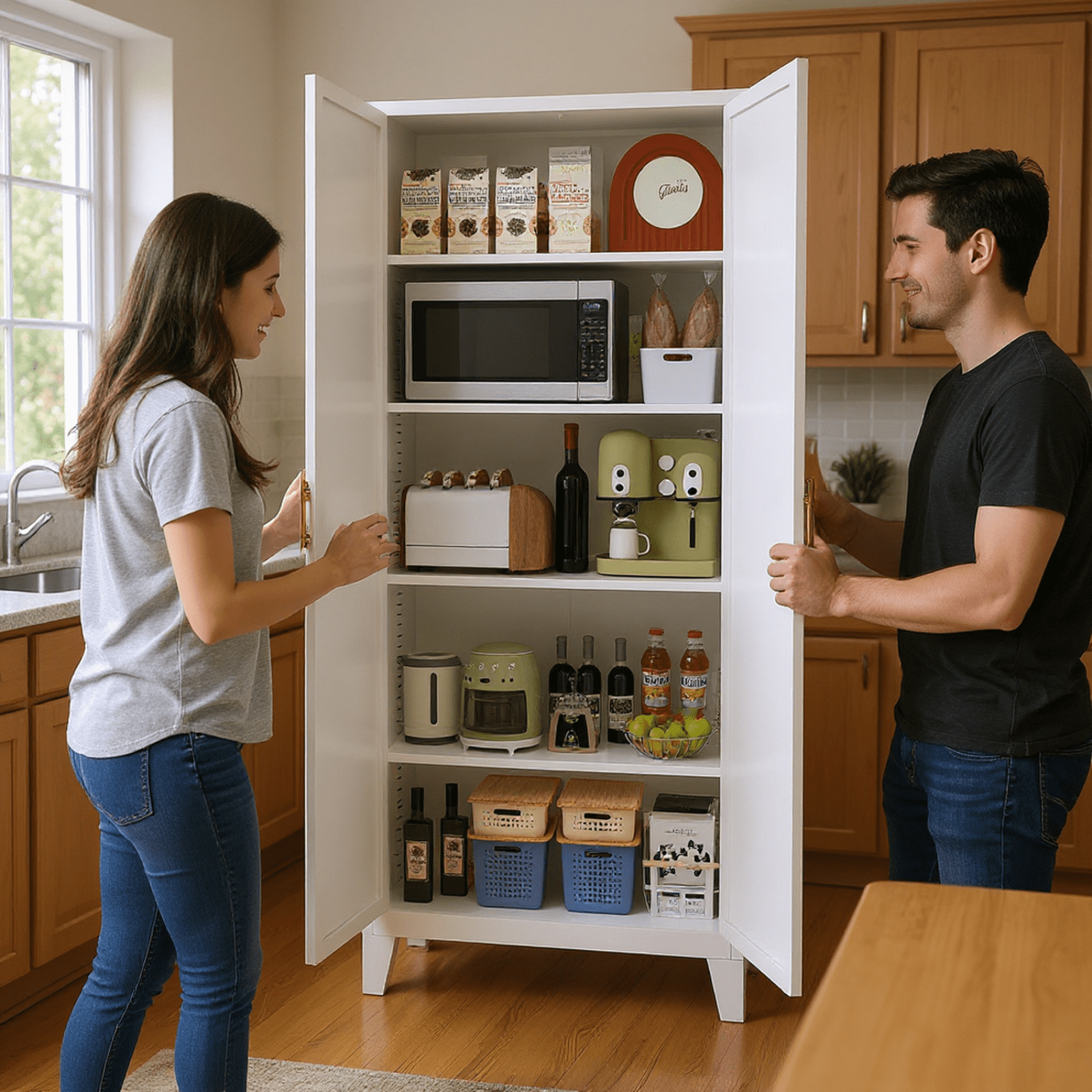 Homy Casa Slim Pantry Cabinet with Adjustable Shelves, 2-Door Kitchen Storage, White