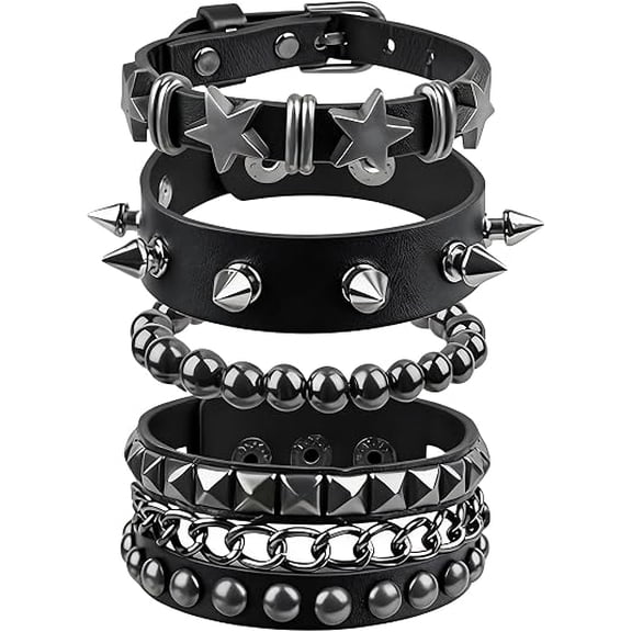 4 Pcs Punk Rock Studded Bracelet Set, Adjustable Faux Leather Spiked Bracelets with Star Round Rivets, Emo Goth Cuff Wristbands for Men Women, Alternative Jewelry
