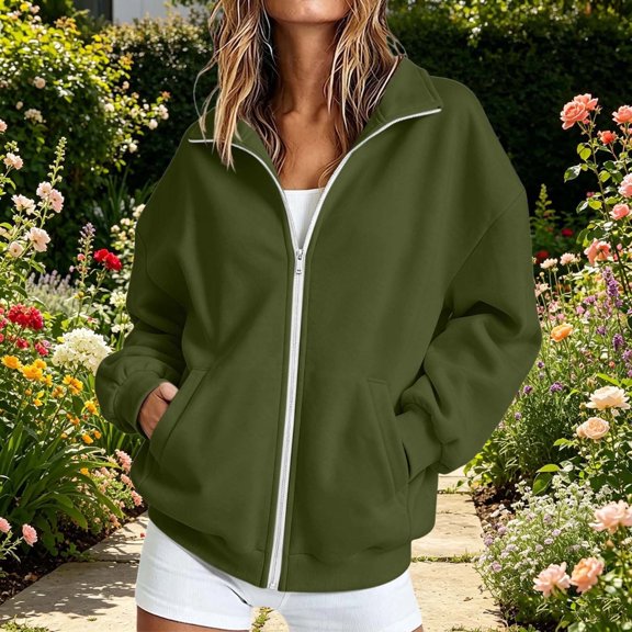 Bnwani Womens Sweatshirt Long Sleeve Drop Shoulder Womens Tops with Side Pocket Hoodless Sweatshirts Zippered Army Green L