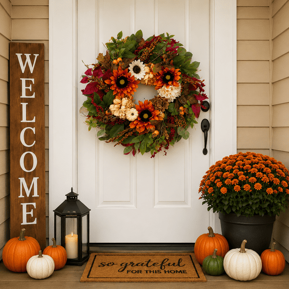 24 Inch Fall Wreath for Front Door, Artificial Sunflower Autumn Wreath with Pumpkin Berries Maple Leaves Greenery Thanksgiving Home Decor