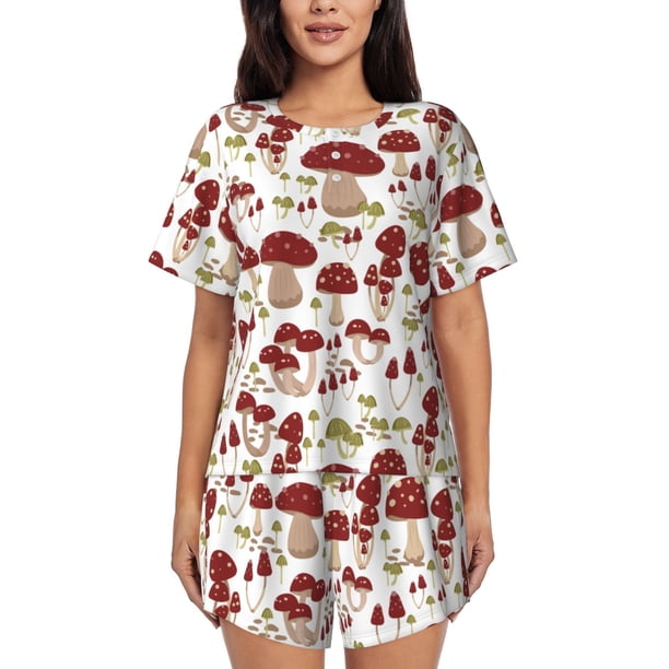 Balery Mushroom Conjunto de Pijama para Mujer con Estampado, Dos Piezas de Manga Corta y Shorts, Ropa de Dormir Suave con Cuello Redondo y Bolsillos-Medium