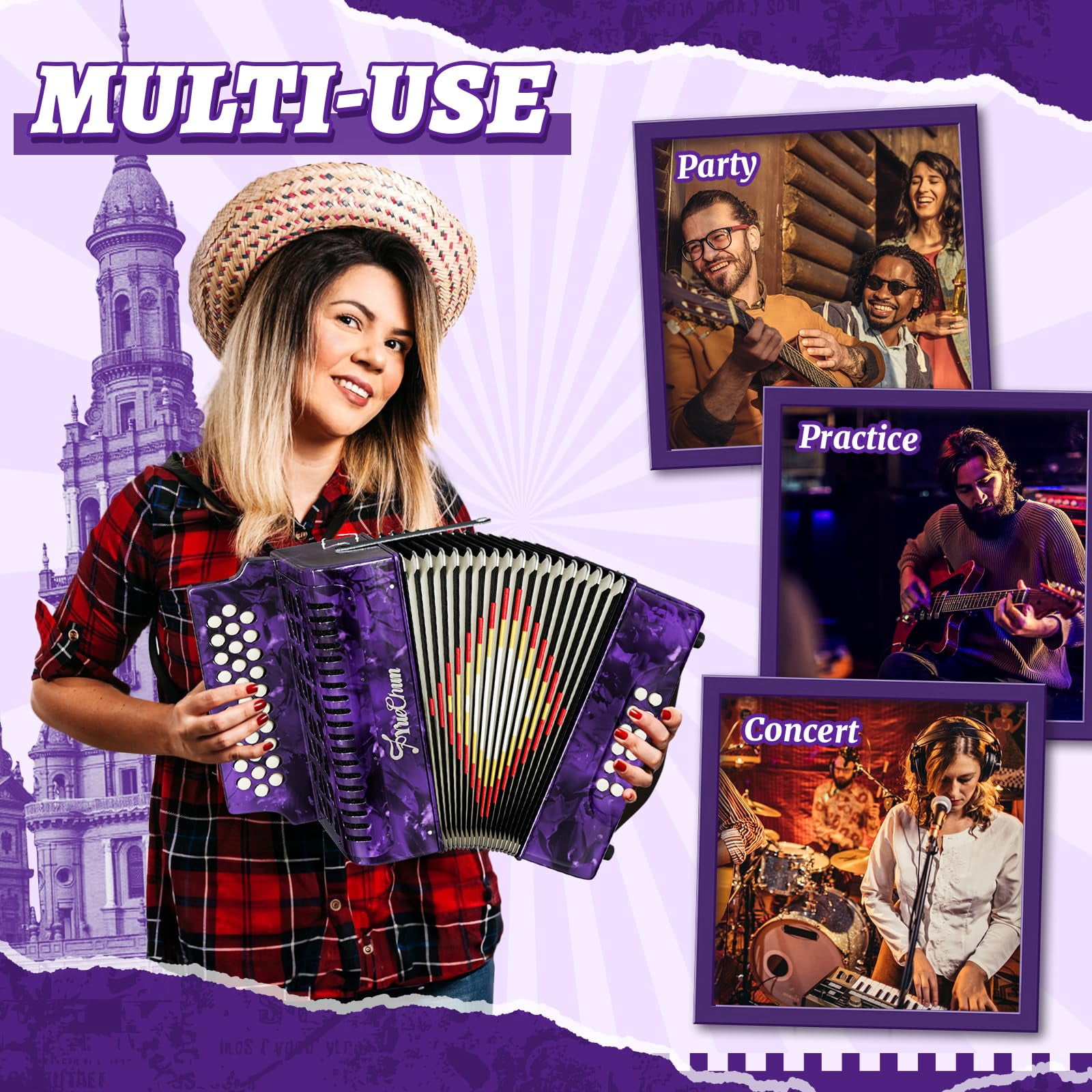 YueChun Accordion, 31 Keys 12 Bass G/C/F Diatonic Button Accordion , Portable Professional Button Accordion with Case (Purple)