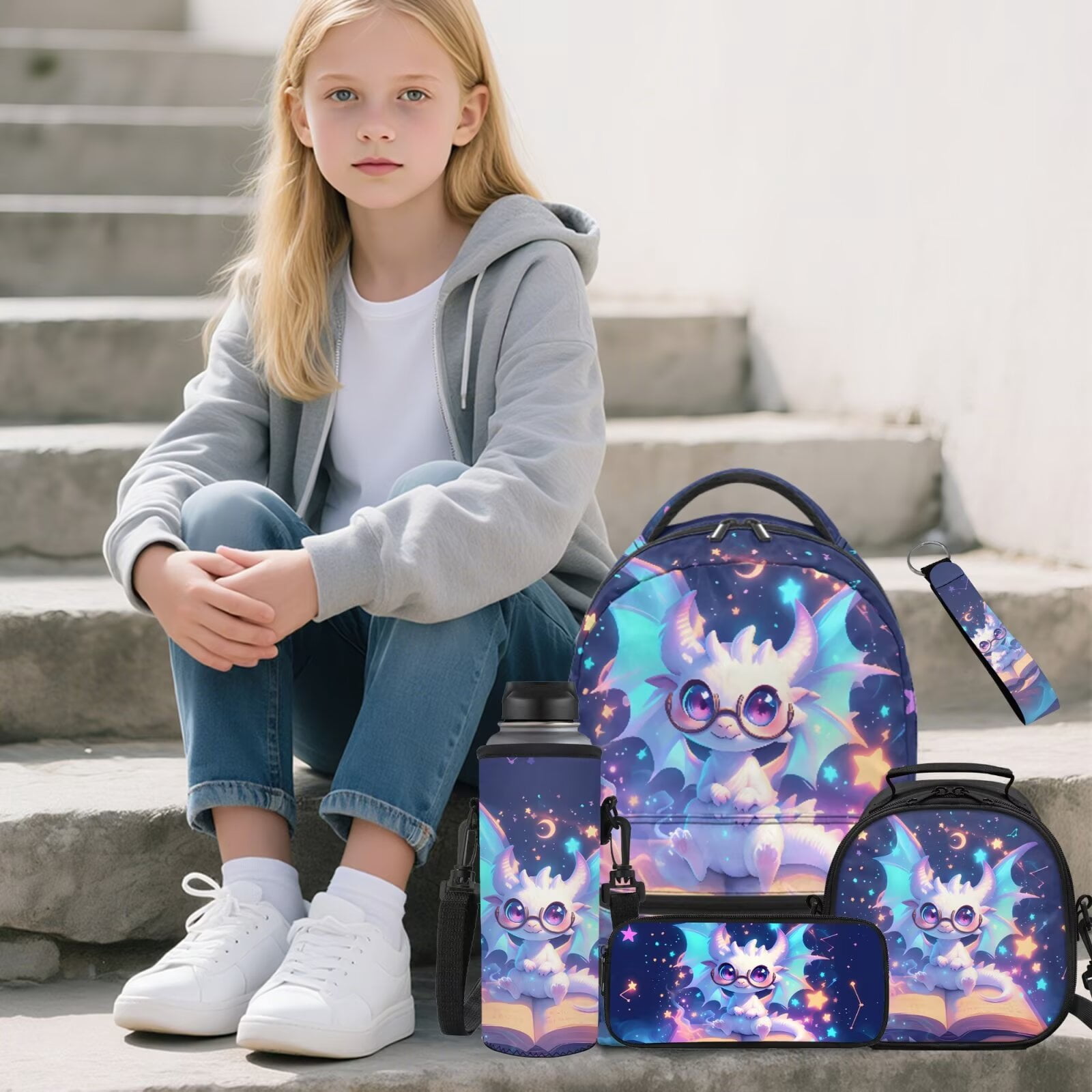 Pzuqiu Galaxy Cute Dragon Backpack for Girls 5 Piece School Bookbag with Lunch Bag Lightweight School Bag for Girls 10-12 Elementary Backpack with Water Bottle Bag Pencil Box
