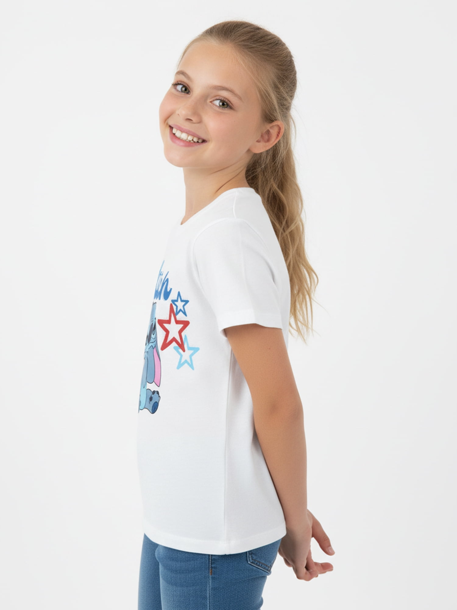 Lilo and Stitch Girls Happy Stitch Stars Graphic Tee with Short Sleeves, Sizes 4-16
