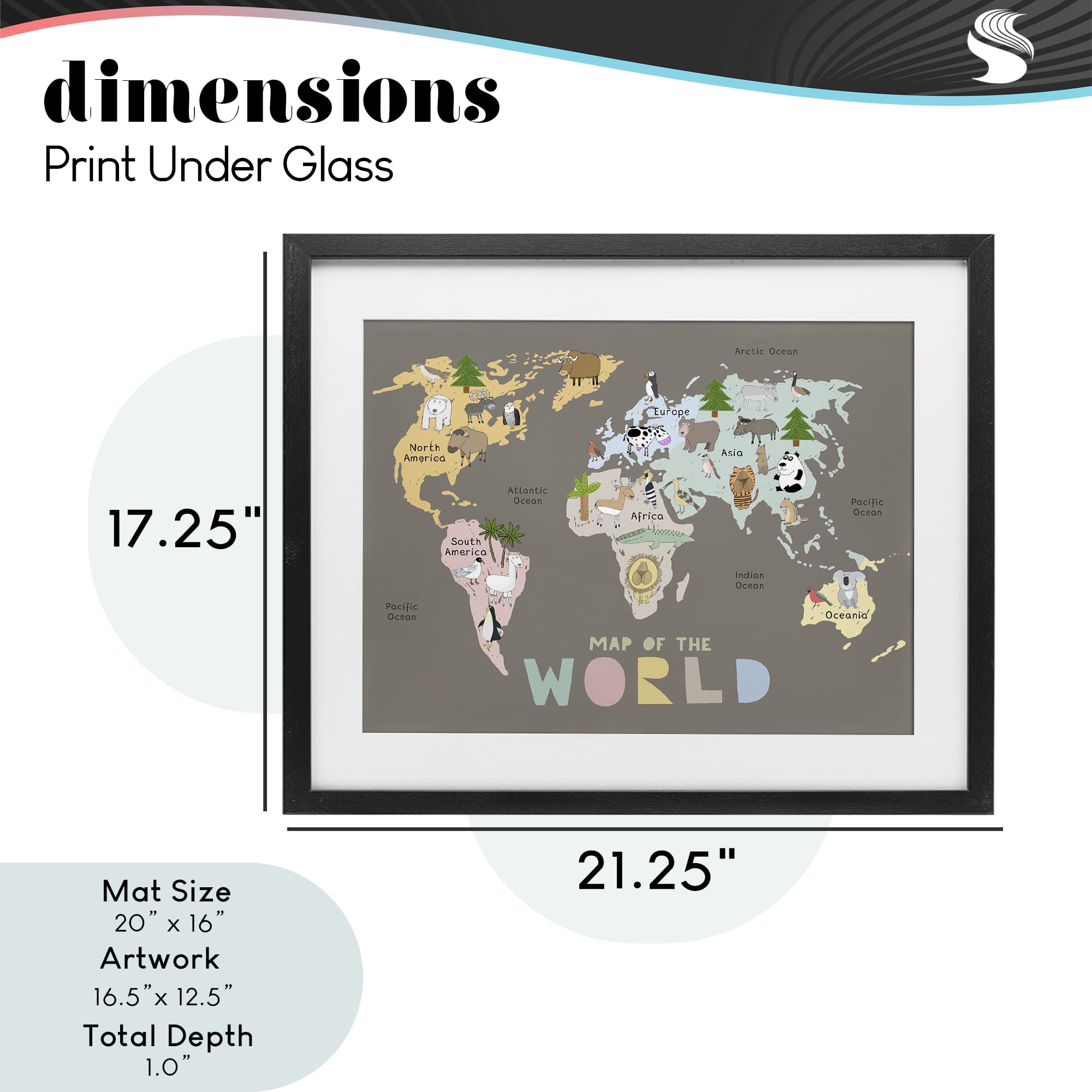 Kid's Map Of World Brown Black Framed Print Under Glass, design by Carla Daly