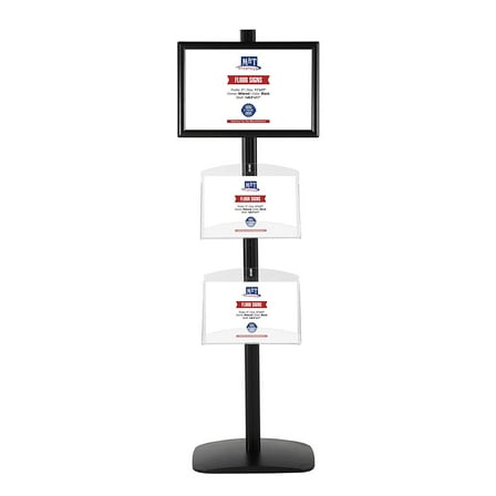M&T Displays Free Standing Display Stand with 1 x (11X17) snap Frame in Portrait/Landscape and (2) 2 x (8.5x11) Clear Shelves Acrylic, Single Sided (Black)