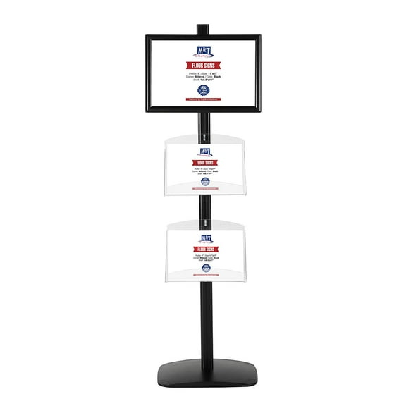 M&T Displays Free Standing Display Stand with 1 x (11X17) snap Frame in Portrait/Landscape and (2) 2 x (8.5x11) Clear Shelves Acrylic, Single Sided (Black)