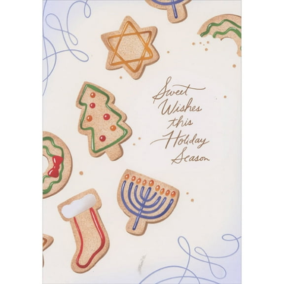 Designer Greetings Menorah, Star of David, Tree, Stocking and Wreath Cookie Cutouts Interfaith Holiday Christmas and Hanukkah Card