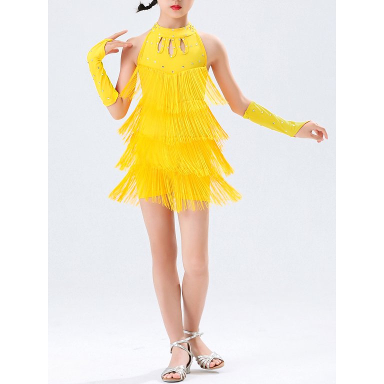 TiaoBug Kids Girls Halter Backless Tassel Latin Waltz Salsa Samba Rumba  Dance Dress with Gloves Yellow 13-14 - Walmart.com