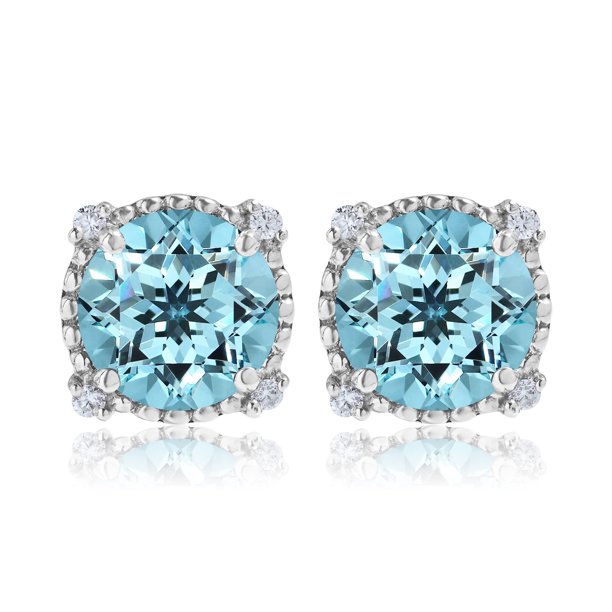 JeenMata Pendientes de Topacio Azul de Talla Redonda de 3,5 Quilates (Piedra Natal de Diciembre) con Halo Milgrain en Oro Blanco de 18 K sobre Plata