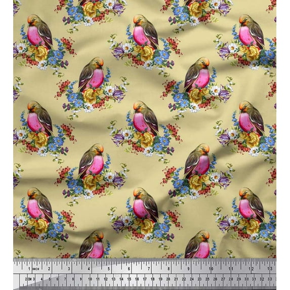 Soimoi Beige Velvet Fabric Leaves,Floral & American Robin Bird Fabric Prints by Yard 58 Inch Wide