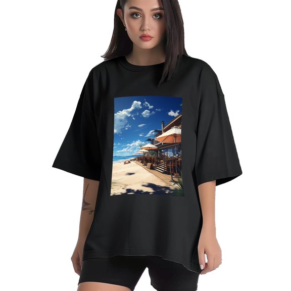 Plus Size Shirt for Women Black Tops for Women Short Sleeves Shirt for Women Seaside (56) T Shirt Crewneck Shirt for Women XS
