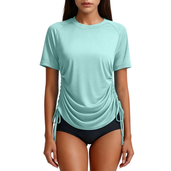 Ymauqau T Shirts for Women Short Sleeve Crew Neck Side Drawstring Tunic Tops Soft Tee Shirts Trendy Casual Blouses