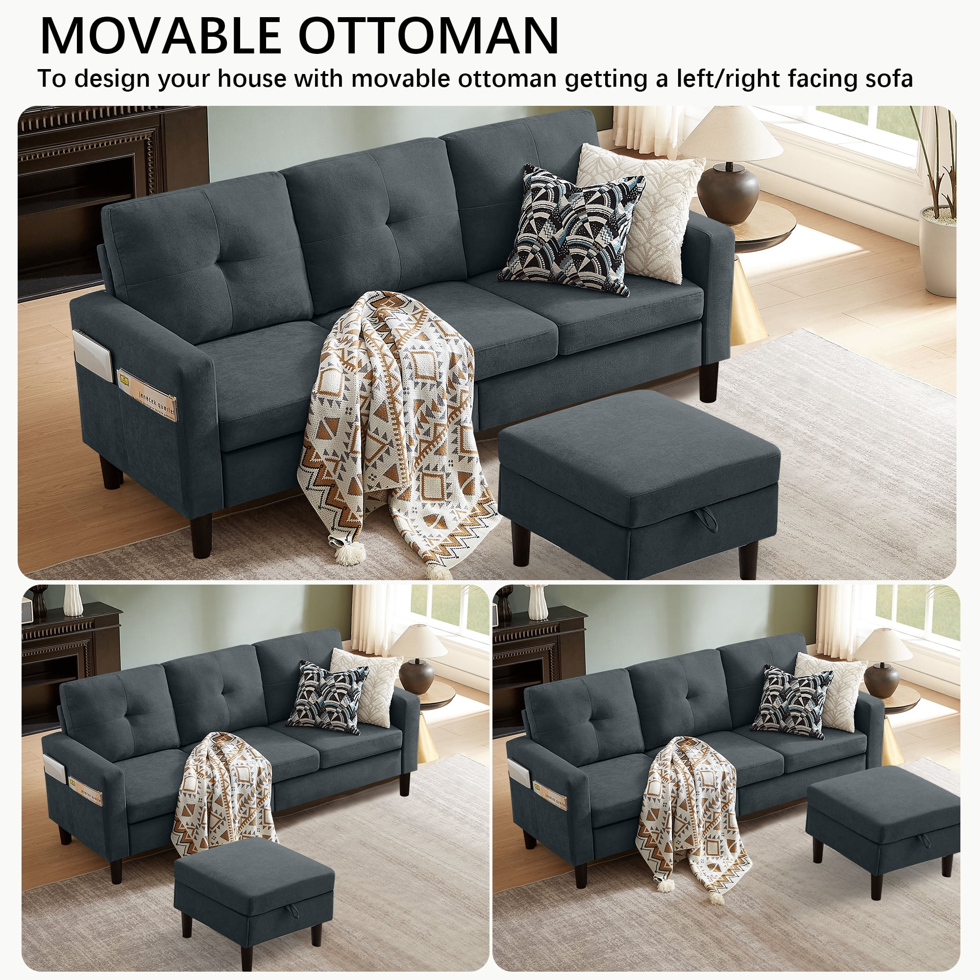 Tornama Linen Small L Shaped 3-Seat Convertible Sectional Sofa, Dark Gray