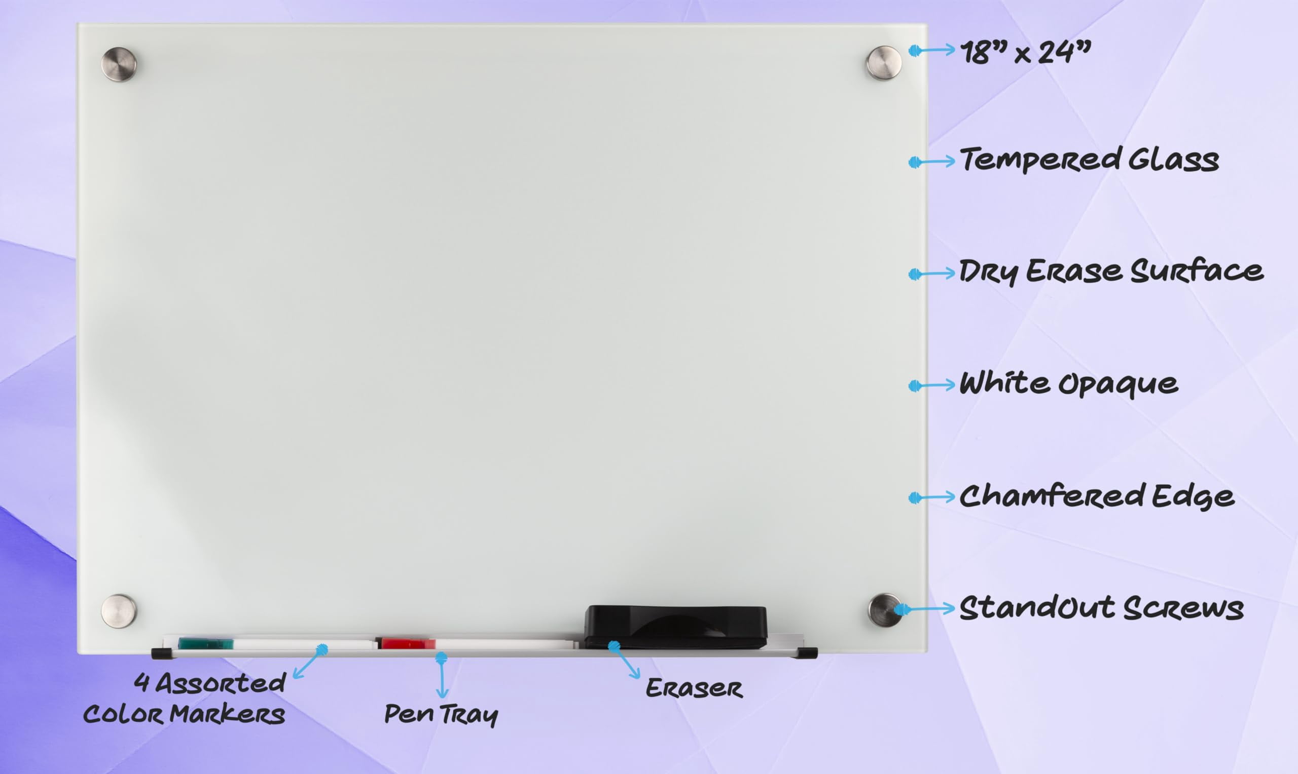 Real Glass Dry Erase Board, 18" x 24", Bright White Tempered Glass Surface, Frameless Wall Mount, with 4 Assorted Color Markers and Eraser, by Better Office Products