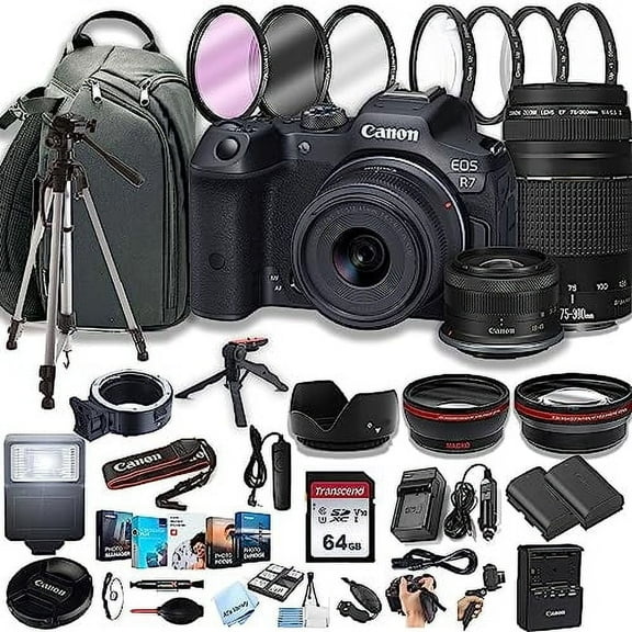 Canon EOS R7 with RF-S 18-45mm F4.5-6.3 STM Lens, 75-300mm F/4-5.6 III Lens, 64GB SD Card Bundle (International Version)
