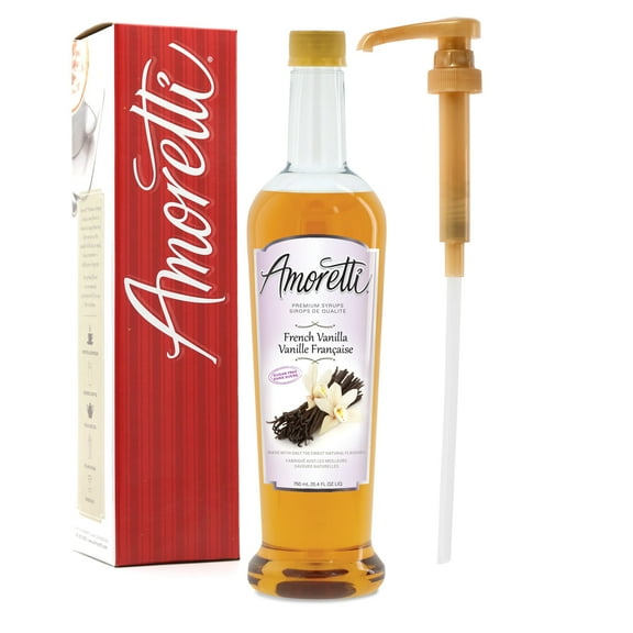 Amoretti - Sugar Free French Vanilla Syrup, 94 Servings Per Bottle (750 ml), with Pump for Flavoring Coffees, Cocktails, and other Beverages, Gluten Free, GMO/GEO Free, Preservative Free
