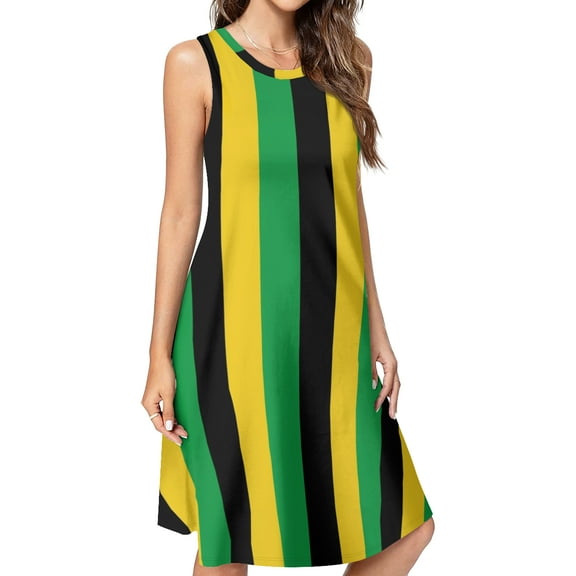 Black yellow green stripes Spring Summer Dresses for Women Fashion T-shirt Dress Casual Sleeveless Loose Sundress with Pockets
