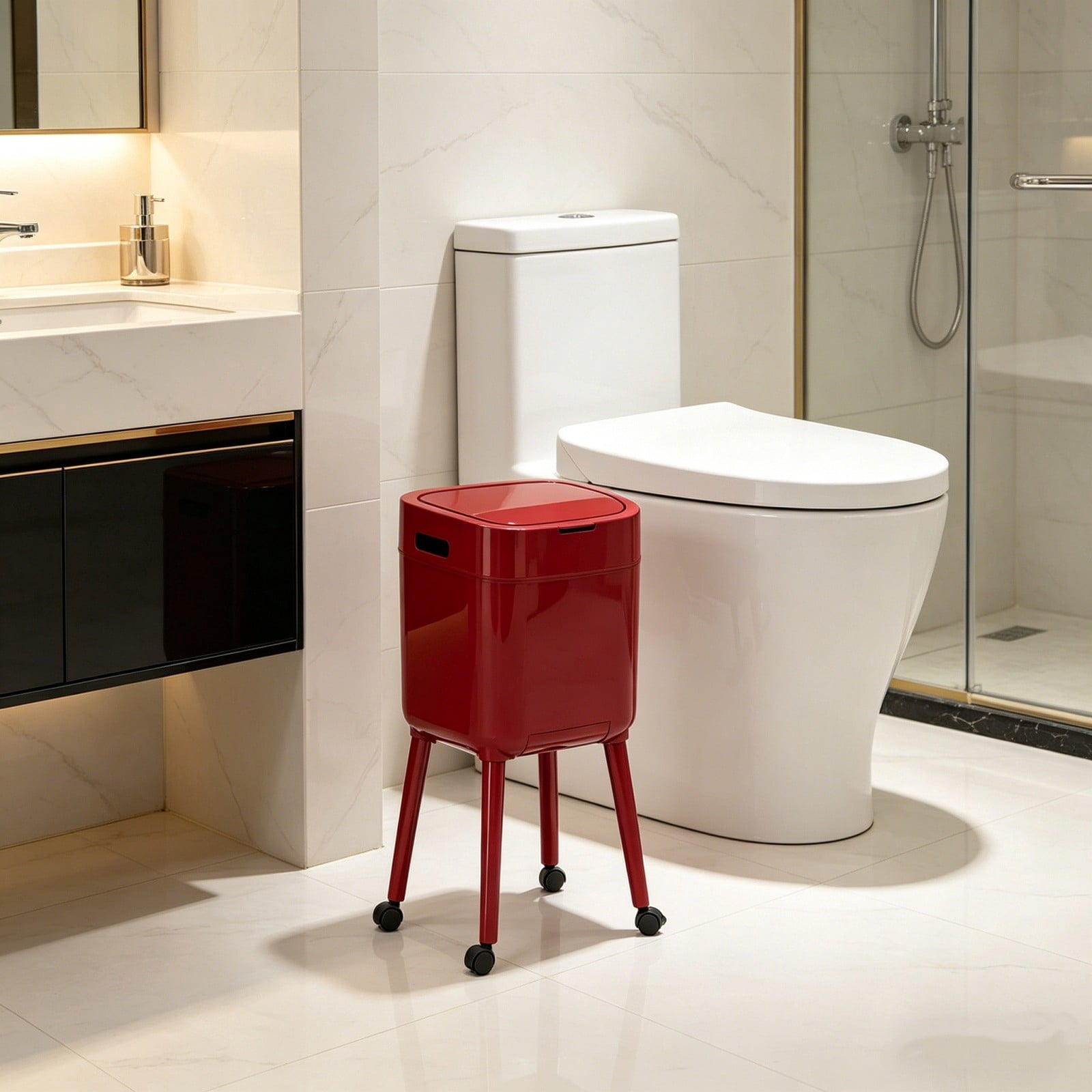 Bomd Modern High-Legged Trash Can with Wheels, Modern Narrow Garbage Can with Raised Legs, Space-Saving Rolling Dog-Proof Trash Bin for Bathroom, Kitchen, Bedroom, Office ，Red