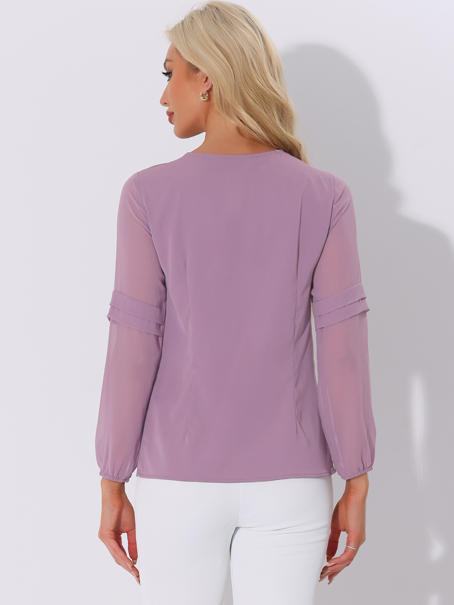 DARING DIVA Chiffon Semi Sheer Long Sleeves Blouses S Dark Purple