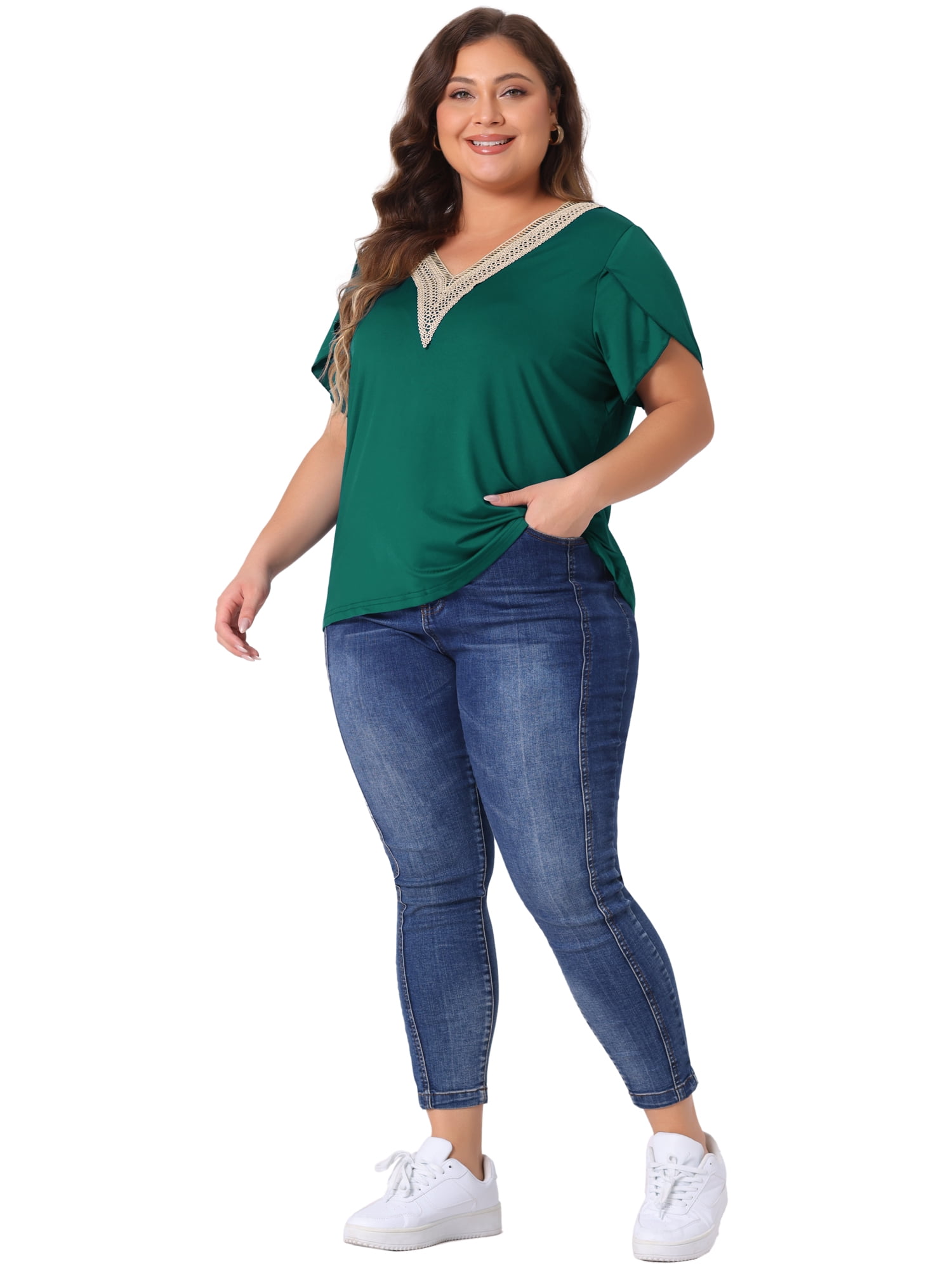 DARING DIVA Women's Plus Tulip Sleeve Lace V Neck Casual Blouse 3X Dark Green
