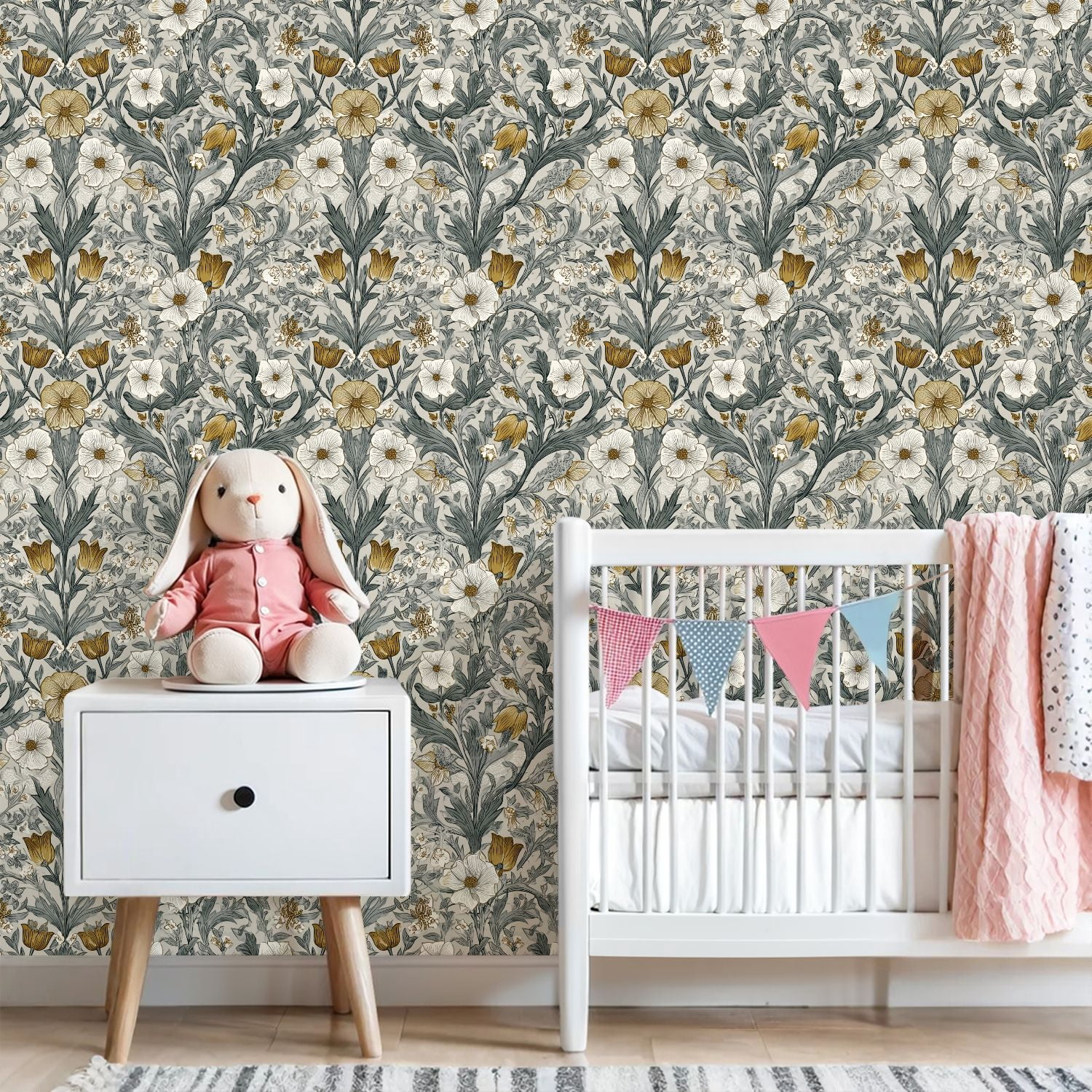 Peel and Stick Wallpaper Botanical Floral Gold White Blooms Soft Gray Wall Mural 23.6in x 9.8ft Self Adhesive Removable Wall Paper Renter Friendly Wallpaper for Girls Women Bedroom Livingroom