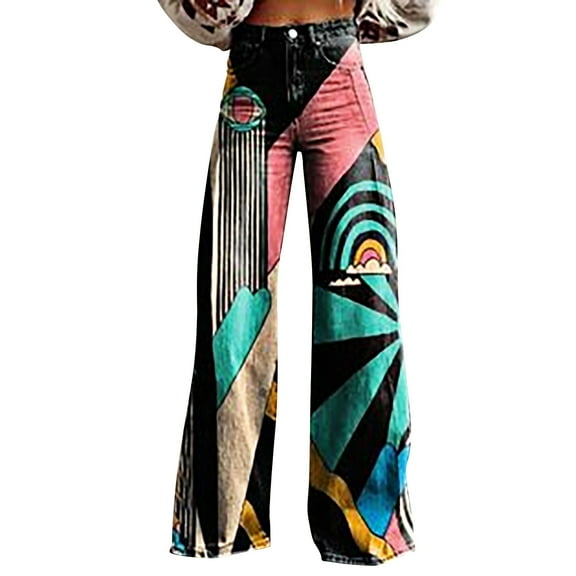 yunLCZ Womens Dress Pants 2025 New Summer Flower Wide Leg Pants Lightweight And Loose Casual Colorful Pants Imitation Jeans Office Slacks