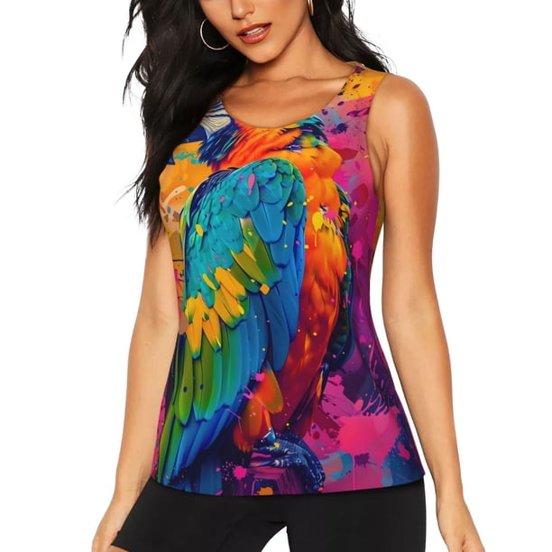 Fotbe Vibrant Parrot Splash Art Blusas Sin Mangas para Mujer – Estilo Casual, Corte Suelto, Slim-Fit, Cuello Redondo Deportivo, Tops de Verano para Gimnasio y Yoga-Small