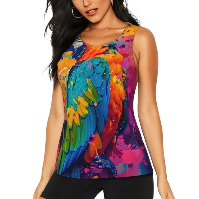 Easygdp Art Vibrant Perroquet Éclaboussures pour Débardeur d'Entraînement pour Femmes, Haut de Course, Chemise de Randonnée, Séchage Rapide pour Course, Yoga, Randonnée-TG